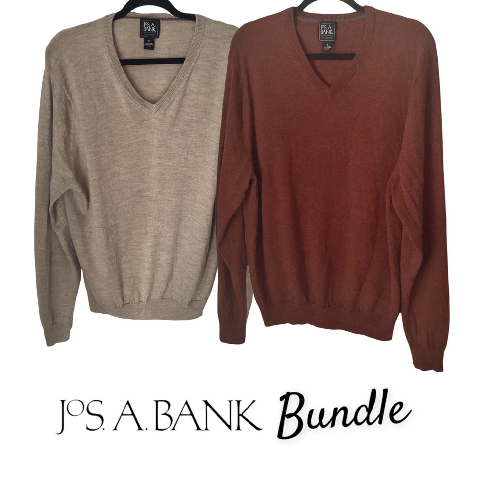Jos A Bank V Neck Wool Mens Sweaters Orange and Tan‎ Bundle of Two XL